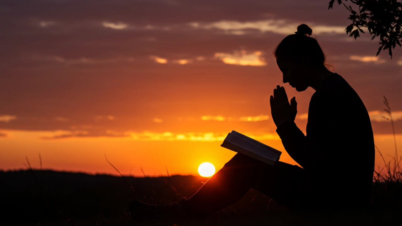 Pessoa orando com Bíblia ao pôr do sol, usando salmos para ansiedade