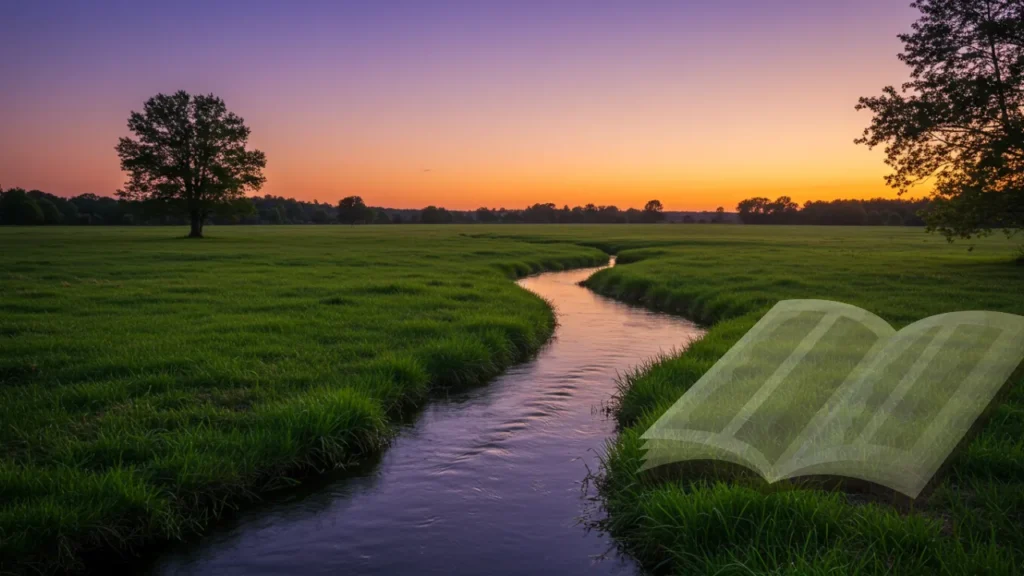Campo verde com riacho ao pôr do sol, inspirado no poder do salmo de agradecimento a Deus.