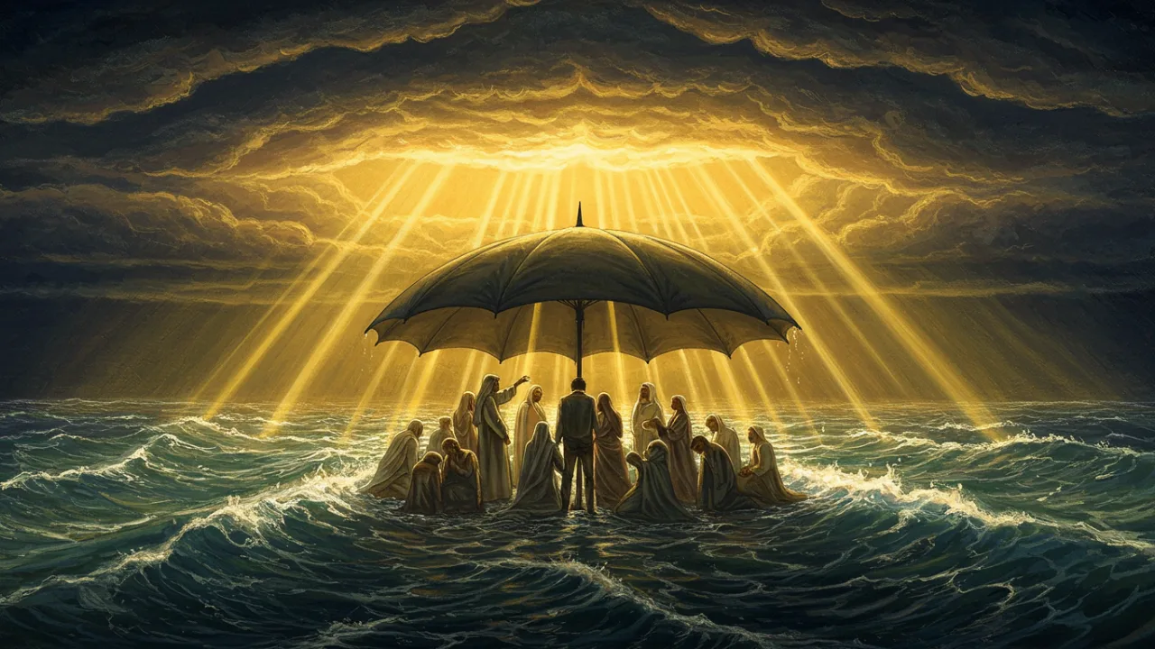 Ilustração inspiradora do Salmo 124 completo mostrando pessoas protegidas durante uma tempestade, simbolizando a proteção divina nas adversidades