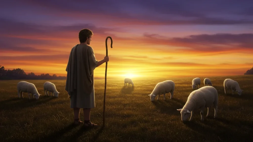 Quem escreveu salmos - Pastor cuidando de ovelhas ao pôr do sol, inspirado em Davi, autor dos Salmos.