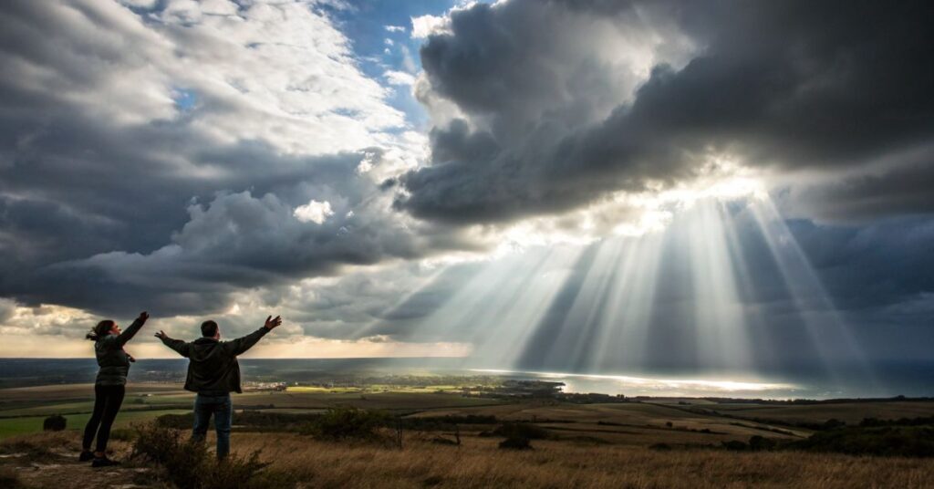 Renove sua fé na oração da manhã. Imagem realista de raios de sol rompendo nuvens escuras, simbolizando esperança divina. Veja a luz!