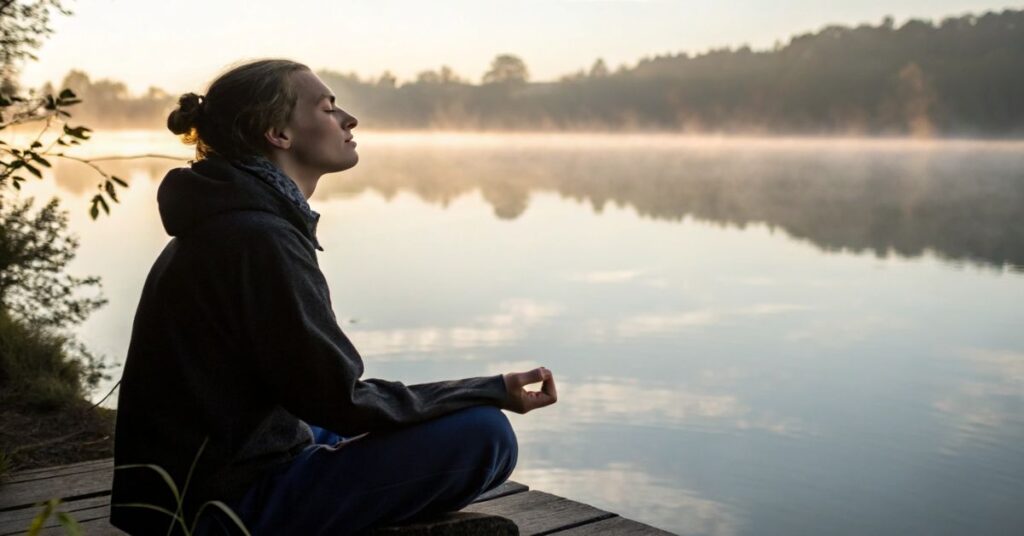 Encontre paz interior com a oração da manhã. Imagem realista de meditação serena à beira do lago ao amanhecer. Inspire sua calma e foco.