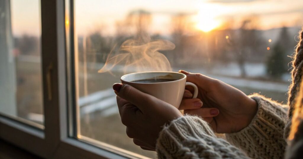 Comece o dia com calma e reflexão na oração da manhã. Imagem realista de mãos com café quente ao nascer do sol. Inspire momentos de paz.